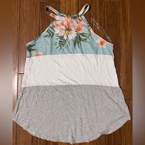 7th Ray Floral Striped Halter Tank Top - Green, White, Gray